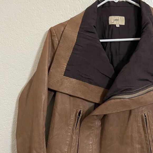June Brown Leather Biker Moto Jacket Coat Wool Blend Knit Sleeve Size M - Picture 7 of 15
